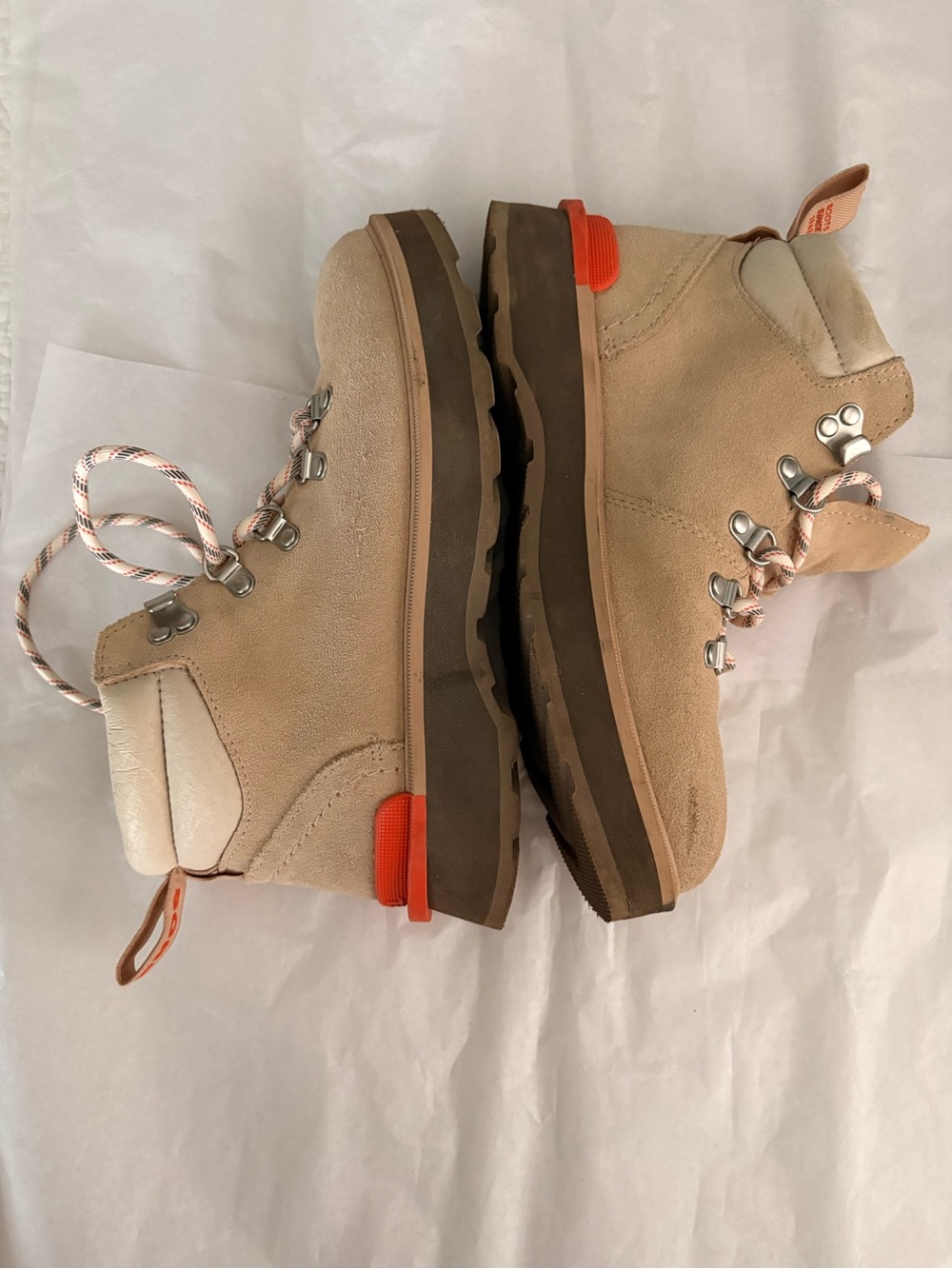Sorel Beige Suede Lace-Up Boots with Orange Accents